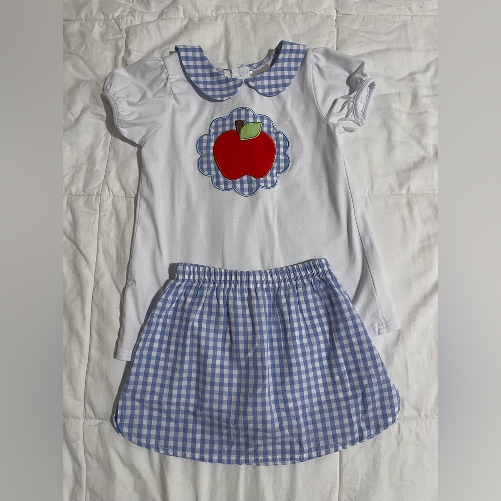 White and Blue Gingham Skorts Set with Apple Appliqué